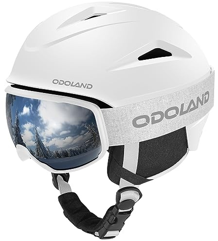 Odoland Casque de Ski, Casque de Neige avec Lunettes, Casque Antichoc, Coupe-Vent, de Sécurité pour Sports de Neige et Lunettes de Protection pour Hommes, Femmes et Jeunes(Blanc, L)