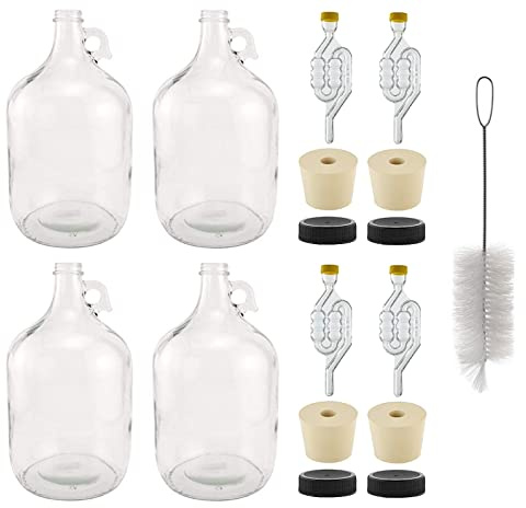 North Mountain Supply 1 Gallon Glass Fermenting Jug with Handle – Set of 4 – Includes 6.5 Rubber Stoppers, 6-Bubble Airlocks, Black Plastic Lids, and Cleaning Brush – 38mm CT Finish
