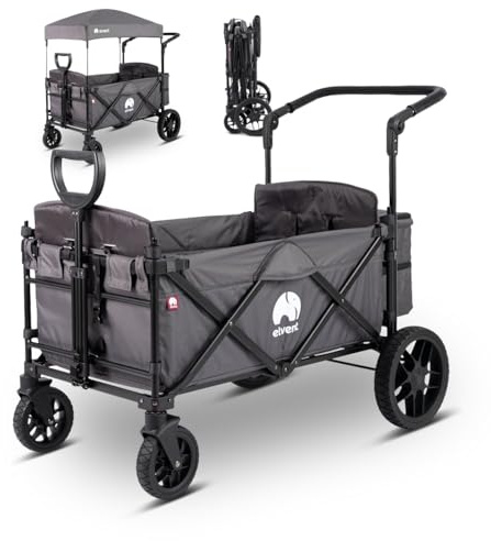 elvent® Allrounder Premium Bollerwagen - faltbar mit Dach | Sitzpolster, Hecktasche, Feststellbremse, Off-Road-Reifen, 5-Punkt-Gurt I 2 Kinder (Grau)