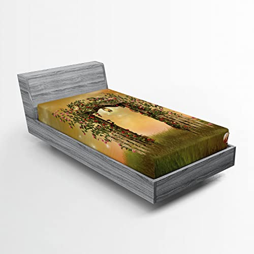 Ambesonne Roses 2 Pack Fitted Sheet, Garden Art with Floral Fence, Bed Cover All-Round Elastic Deep Pockets 2 Pieces, Package Contains 2 Twin Size Fitted Sheets, Pale Brown and Green Brown
