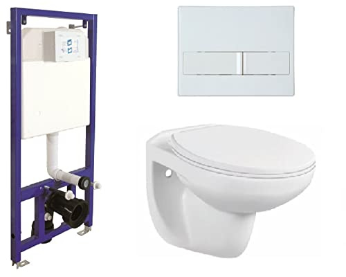 Juego completo de inodoro sin bordes, asiento de cierre suave, elemento de pared empotrado, cisterna de cerámica, cisterna de pared, juego de cuenco + placa de pulsador (placa de accionamiento 9)