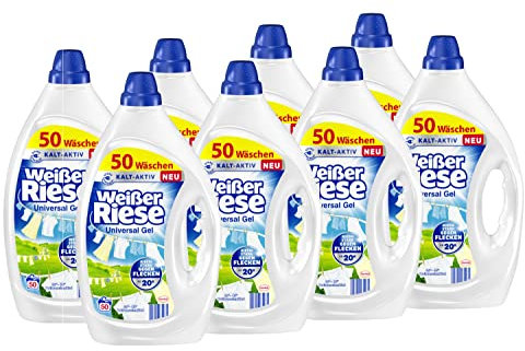 Weißer Riese Universal Gel 200 WL (8 x 50 Waschladungen), Vollwaschmittel sorgt für strahlend saubere Wäsche & wirkt riesig stark gegen Flecken, Kalt-Aktiv Schon ab 20° C, 100% recycelbar*