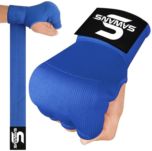 SAWANS Boxing Hand Wraps Inner Gloves for Hand Protection Long Wrist Straps Elasticated, Padded Martial Arts Combat Gloves Punching Bag Training Gel Mitts Muay Thai MMA (S/M, Blue)