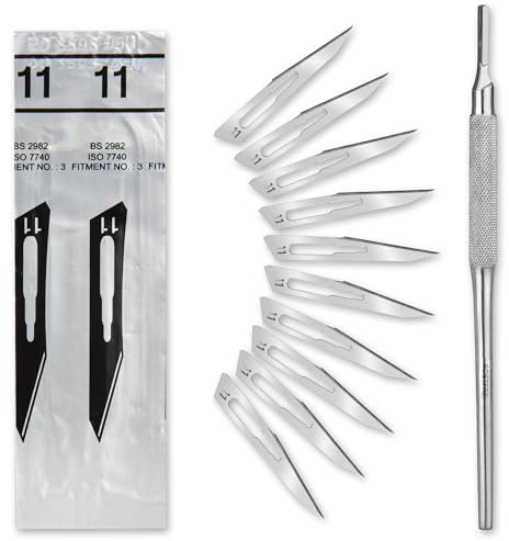 Set - 50 Stück sterile Skalpellklingen Figur 11 aus Karbonstahl - Ersatzklingen + 1 x Shehadeh - Skalpell-Halter mit rundem Griff - Edelstahl