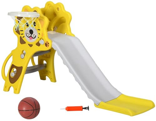 AIYAPLAY Tobogán Infantil 3 en 1 Tobogán para Niños de 18 a 36 Meses con 2 Escaleras 1 Canasta de Baloncesto y Patrón de Animal para Interior 131x50x74 cm Amarillo y Gris