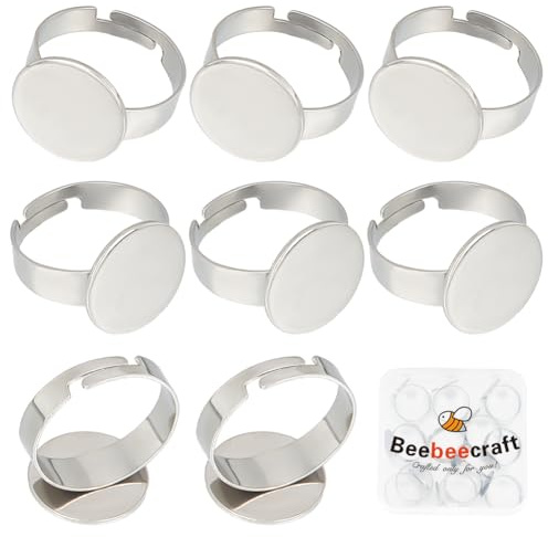 Beebeecraft 1 Box 20 Stück 14.5mm Ringrohlinge aus Edelstahl flache Ringrohlinge verstellbare Cabochon Ringfassungen runde Finger Ringtrays für die DIY Schmuckherstellung