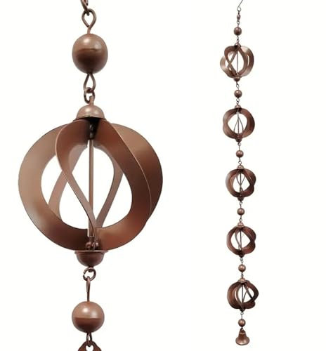 Rain Chain Gutters, Rain Chain 42.52 Inch Metal Hanging Rain Chains for Gutters Rotating Rain Catcher Chain with Bell Retro Wind Chimes for Window Garden Decorations