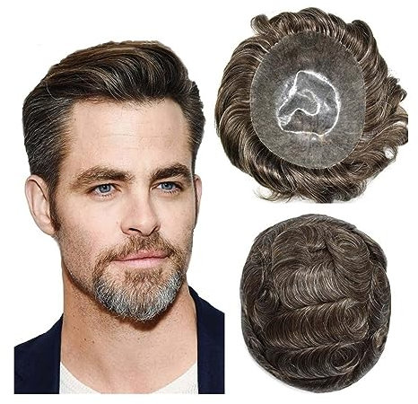 Pelucas para Hombre Tupé for hombre, sistema de reemplazo de cabello gris mixto de 6 pulgadas, 0,1-0,12mm, tupé inyectado de PU for hombres, prótesis capilar for el cabello, unidades de peluca for hom