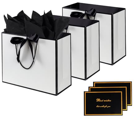 Modixun Geschenktüten, 3 Stück, 32 cm groß, mit Band und Grußkarten, 9 Seidenpapier, für Frauen, Geburtstag, Hochzeit, Party (Schwarz-Weiß)