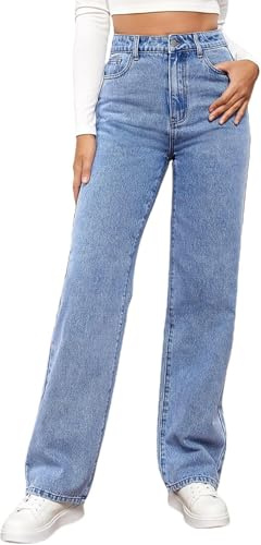 MANGGUO Jean Femme Taille Haute Coupe Droite Straight Jeans Baggy Jambes Larges amincissantes avec Tous Les Pantalon Automne Hiver Elastique Classique en Denim Jean Coupe（Couleur：Bleu Clair,Size：XL）