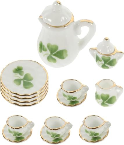 FAINCA 15 Stücke Puppengeschirr Porzellan Miniatur Teeservice Set, 1/12 Puppenhaus Zubehör, Wichtel Zubehör Teeservice Porzellan Geschirr, Puppenhaus Teeservice Miniatur Deko