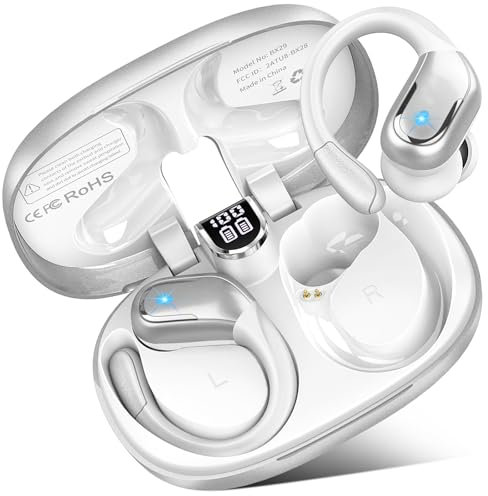 Wireless Earbuds, Bluetooth 5.3 Headphones Sport, 75H Hi-Fi Stereo Wireless Earphones with 4 ENC Noise Canceling Mic, IP7 Waterproof Over Ear Buds with Earhooks, LED Display Bluetooth Earbuds, Sliver