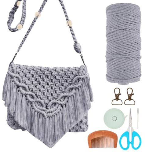 INFUNLY Kit fai da te per adulti principianti borsa a tracolla in corda macramè bohémien set con nappe perline kit borsa a tracolla con nodi fatti a mano con istruzioni fai da te kit di borse macramè