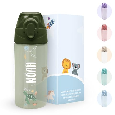 gutmarkiert Kindertrinkflasche personalisiert - BPA-frei 450 ml Dunkelgrün | Auslaufsichere Flasche mit Strohhalm und Namen - spülmaschinenfest - robust - für Jungen und Mädchen - Motiv nach Wahl
