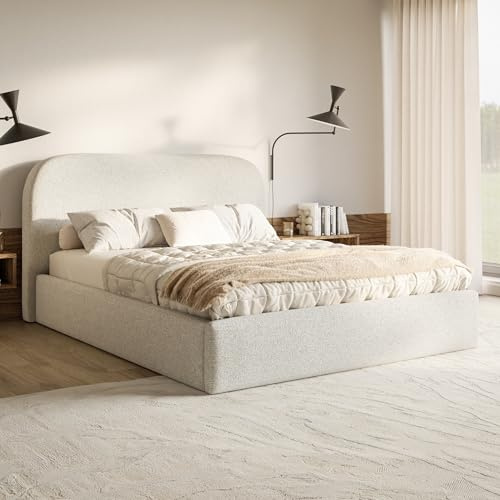MOTIVENA Mono Bett 180x200 Beige Strukturstoff, mit Stauraum, mit Kopfteil, mit Lattenrost, ohne Füße, ohne Matratze, Polsterbett 180x200 mit Bettkasten Beige (Creme)