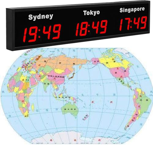 LJYKBFL Orologio con fusi orari mondiali, Orologio Digitale con più fusi orari, Orologio con Fuso orario Mondiale per 3/4/5 Città, per aziende multinazionali, Hotel, uffici, 3 Città - Rosso