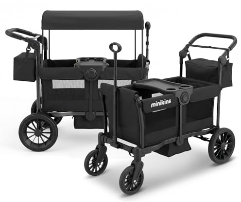 MiniKins Wagon for Kids, 2-Seater Stroller Wagon with Removable Canopy, All Terrain Tires, Foldable, Adjustable Push & Pull Handle, Storage Bag, Black