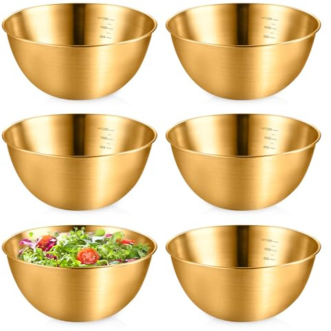 Uppsättning av 6 rostfria skålar, salladsskålar, blandningsskål i rostfritt stål metallskålar serveringsskål metallskål snacksskål flingskål för sallad, snacks, dips, müsli (19,5 cm, guldfärger)