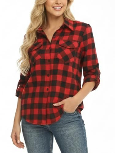 Famrrifuu Chemise a Carreaux Femme Classique Chemisier en Flanelle Bucheron Western Élégant Blouse 100% Coton Décontractée Shirt