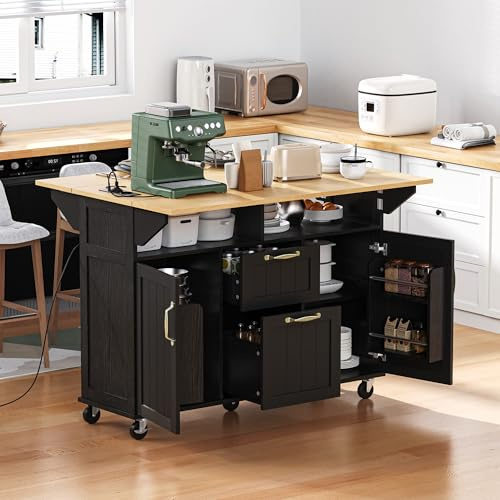 Witimisy Isola da cucina mobile con ruote e tavolo da pranzo estraibile, carrello da cucina con cassetti, portasciugamani e ciabatta, ideale per cucina e sala da pranzo, 120 x 40 x 92 cm (nero)