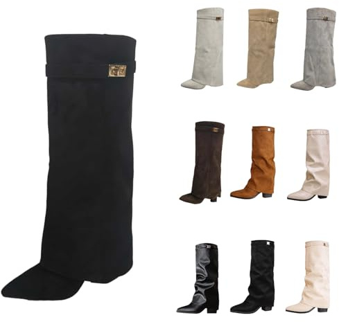 Overknees Stiefel Damen Shark Boots Schwarze Stiefe Slouchy Boots - Spitzer Zehenbereich Plateauabsatz Langschaft Knee High Boots Winter Warme Leder Mode Komfort Dressy Stiefel Kniestiefel Mittelalter