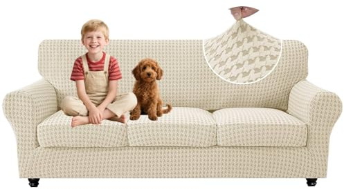 MAXIJIN 4 Pieces Stretch Couch Covers for 3 Cushion Sofa Pet Friendly Couch Cover for Dogs Washable Sofa Slipcovers Thick Soft Furniture Protector with Non Slip Strap (Beige, 71-91)