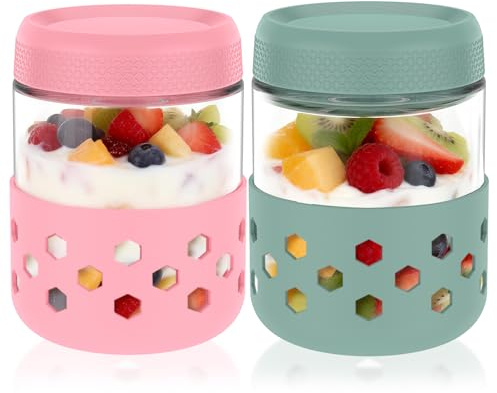 2 Stück Overnight Oats Gläser,500ml Dessertgläser mit Deckel und Silikonhülle,Luftdicht,Auslaufsicher,Spülmaschinenfest,für Overnight Oats,Hausgemachte Marmelade,Pickles,Puddings,Joghurts(2PCS)