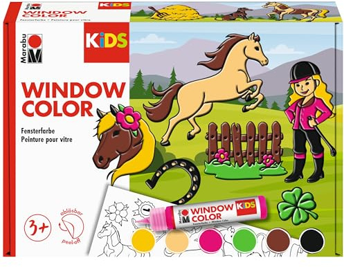 Marabu KiDS Window Color Ponyhof Set, 6 x 25 ml, Fensterfarbe für Kinder, abziehbare Fenstermalfarben, für Glas, Bastel- & Kreativset zum Malen, 0306000000007