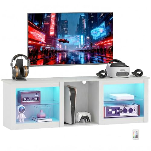 HOMCOM Meuble TV LED RGB Jusqu'à 70 Pouces 5 Niches 160 x 35 x 52 cm Blanc | Meuble Télé Bois, Banc TV, Étagères en Verre Réglables, Passe-Câbles, Télécommande, Salon, Chambre à Coucher