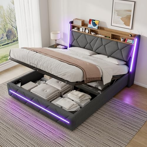 ZUUYEE Doppelbett Polsterbett 160x200 mit LED, USB C, Hydraulische Bett mit Stauraum und Kopfteil, Bettgestell mit Metallrahmen Bettkasten und Lattenrost, Bett 160x200, Grau, Leinen, ohne Matratze