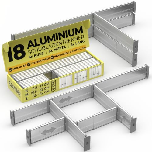 PRACTICAL COMFORT Verstellbare Aluminium-Schubladentrenner, ausziehbare Schubladenteiler, 6 cm hoch, 18-teiliges Set (6 lang + 6 mittel + 6 kurz), für Küche, Bad & Büro, Silber