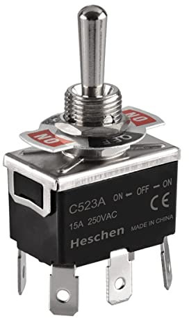 Heschen Metal Toggle Switch, C523A, DPDT, Maintained, ON/OFF/ON 3 Position, 15A 250VAC, 6 Tab Terminal, CE