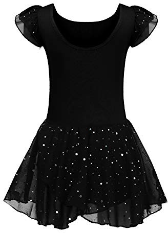 Kinder Ballettkleidung Ballettkleid Mädchen Kurzarm Baumwolle Balletttrikot Ballettanzug Tanzkleid Tanzbody mit Rock Tütü, 130, Schwarz