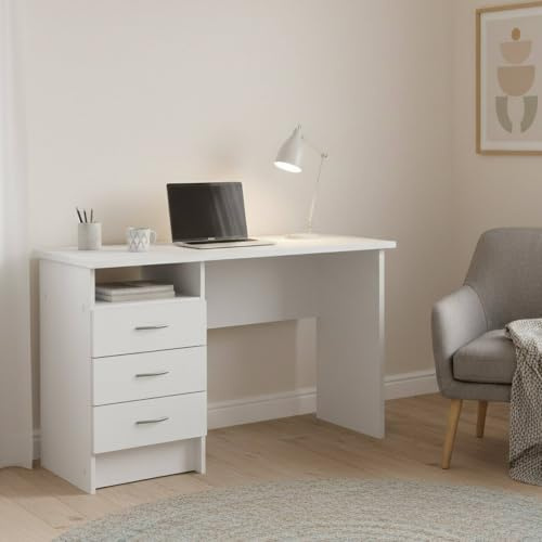 Dmora - Scrivania lineare con tre cassetti, colore bianco, Misure 120 x 72 x 48 cm