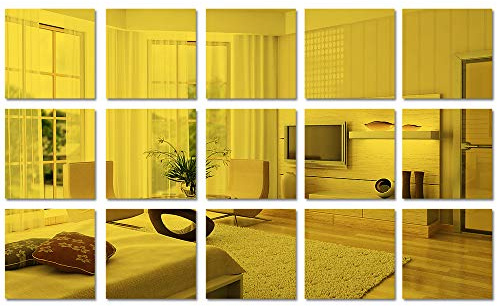 15 Stück 15cm quadratische Acryl-Spiegel-Aufkleber-Bogen, selbstklebende goldene Spiegel-Wanddekoration, abnehmbare Wandsticker für Badezimmer, Wohnzimmer, Schlafzimmer, Aufkleber (Gold)