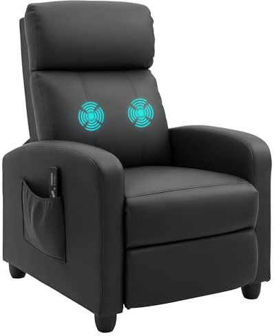 HOMCOM Recliner Armchair, Massage Faux Leather Push Back Reclining Chair with Adjustable Leg Rest, Side Pocket, for Home Living Room Theatre, Black