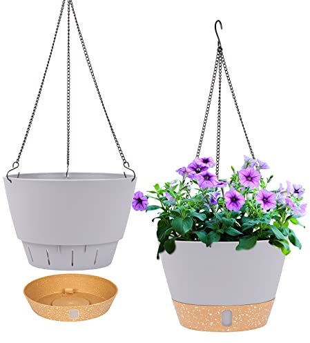 QCQHDU 2 Pack Hanging Planters Set, 25.4cm Indoor Outdoor Hanging Plant Pot Basket,Hanging Flower Pot with Drainage Hole with 3 Hooks for Garden Home(Light Grey)