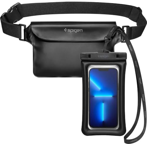 Spigen Aqua Shield Set de Bolsa Impermeable y Funda Impermeable Móvil(8.7 Pulgadas) para Playa, Piscina, Natación, Kayak, Pesca, Llave, etc - Negro