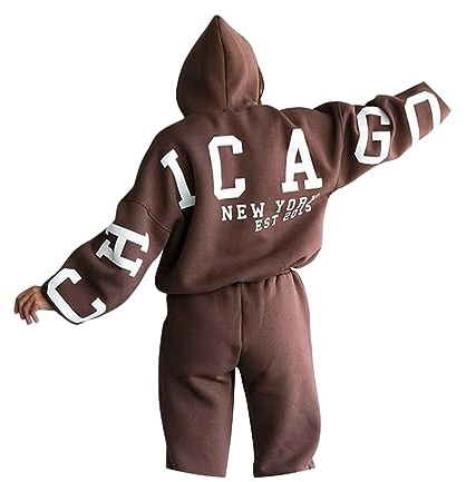 ORANDESIGNE Damen Hausanzug mit Kapuze 2 Teile Herbst Buchstaben Druck Langarm Trainingsanzug Frau Lose Jogginganzug Kapuzenpullover Jogginghose für Damen Yoga Gym C Braun M