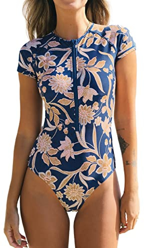 CUPSHE One Piece Swimsuit for Women High Neck Zipper Short Sleeve Bathing Suit Navy/Golden Floral S