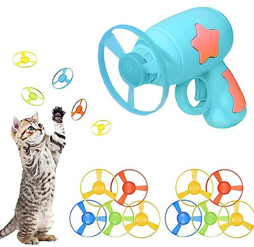Gamrong Katze-Spielzeug Cat Fetch Toy Haustier Spielzeug für Katze, Cat Toy Sets 1 Blau Launchers und 10 Bunte Fliegende Chasing Untertasse Propellers für Interactive, Training, Jagen, Schlagen
