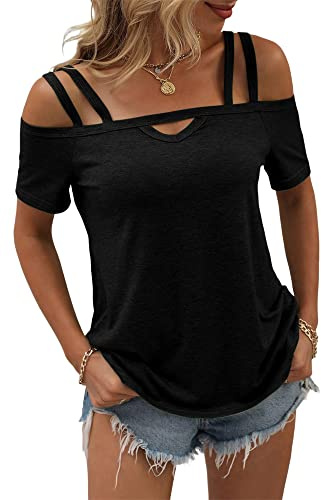 nicticsi T-Shirt Femme Été Chemisiers Sexy Manches Courtes Épaules Dénudées Blouses Élégant Découpes Criss Cross Tunique Tops Chic Décontracté Couleur Unie Shirt