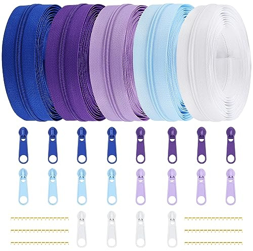 DOITEM Cremallera Continua de Nailon de 2,8 mm, 14 Metros, con Tirador y Cremallera, Azul Púrpura Blanco, 5 Colores