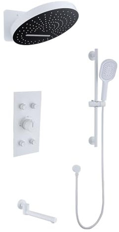 SWHC Duschgarnitur mit Regendusche, Weiß Duschset an der Wand Montiert Duschsystem Verborgen Regendusche 3 Funktionen Duschsäule mit 180° Drehbarer Badewannenarmatur