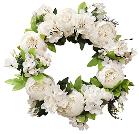 SUNFECILI Frühlingskränze für die Haustür, Kranz mit Künstlichen Blühenden Blumen, Alle Kränze für Hochzeiten Im Freien, Wand, Zuhause, Kranz, Dekor, Pfingstrosenkranz für Gartendekoration,(Weiß)