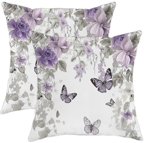 Butterfly Throw Pillow Covers Set of 2 Vintage Nature Lilac Floral Spring Cottage core Plants Violet Soft Velvet Standard Size Bedroom Office Indoor Room Dorm Cozy Pillow case 16x16inch