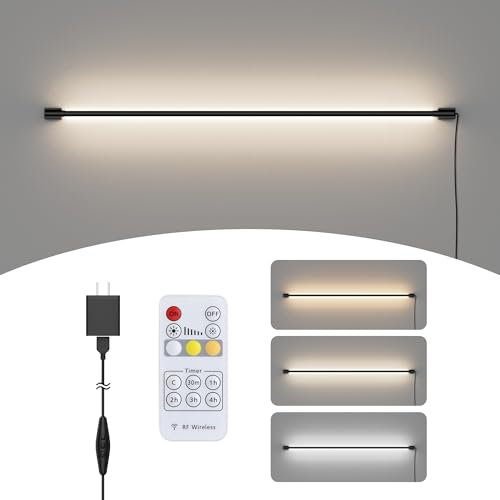 Aipsun Wandleuchte LED Innen mit Stecker und Schalter, 18W 1200LM,Plug in LED wandleuchte mit fernbedienung, Dimmer(3000K-6000K),120CM lang Timer-Fernbedienung für Wohnzimmer, Schlafzimmer, Schwarz