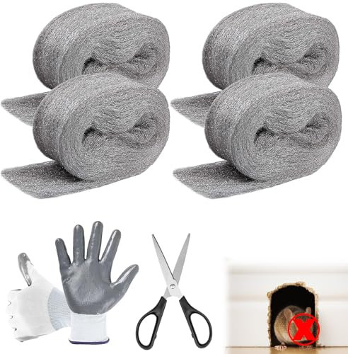 Klfte Steel Wool for Mice Control - 4 Pack, 3.2x7.5 ft Wool, Gap Filler for Home & Garage, DIY Bundle with Gloves & Scissors