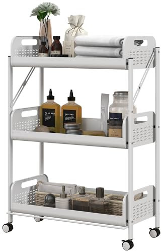 HOMCOM Servierwagen Rollwagen mit 3 Etagen, Faltbarer Küchenwagen, Aufbewahrungswagen mit 3 Netzkörben für Küche, Wohnzimmer, Stahl, Weiß
