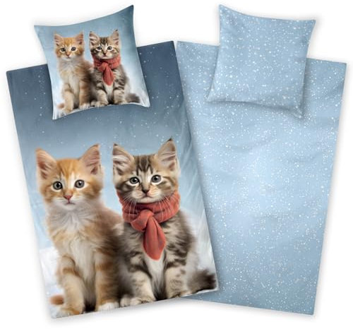 Aminata kids - Bettwäsche 135x200 Katze Biber - Biberbettwäsche mit Katzen-Motiv - Kinder - warm weich & kuschelig - YKK Reißverschluss